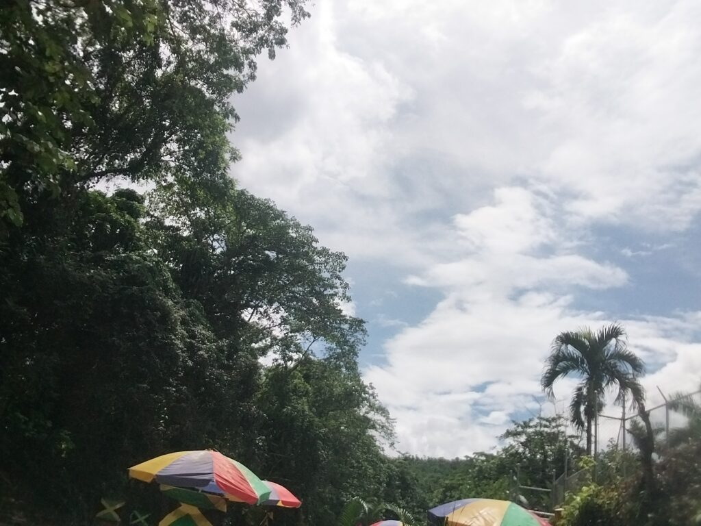 Billowy white clouds form people-like shapes. Green tree tops. Two river raft canopies can be seen at the bottom of picture.